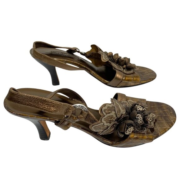 BRIGHTON Raya Bronze Floral Embellished Heeled Sandals SZ 9.5M Benchmade Brazil - Picture 4 of 8